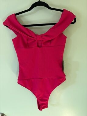 Lulu's Hot Pink Off-Shoulder Bow Bodysuit